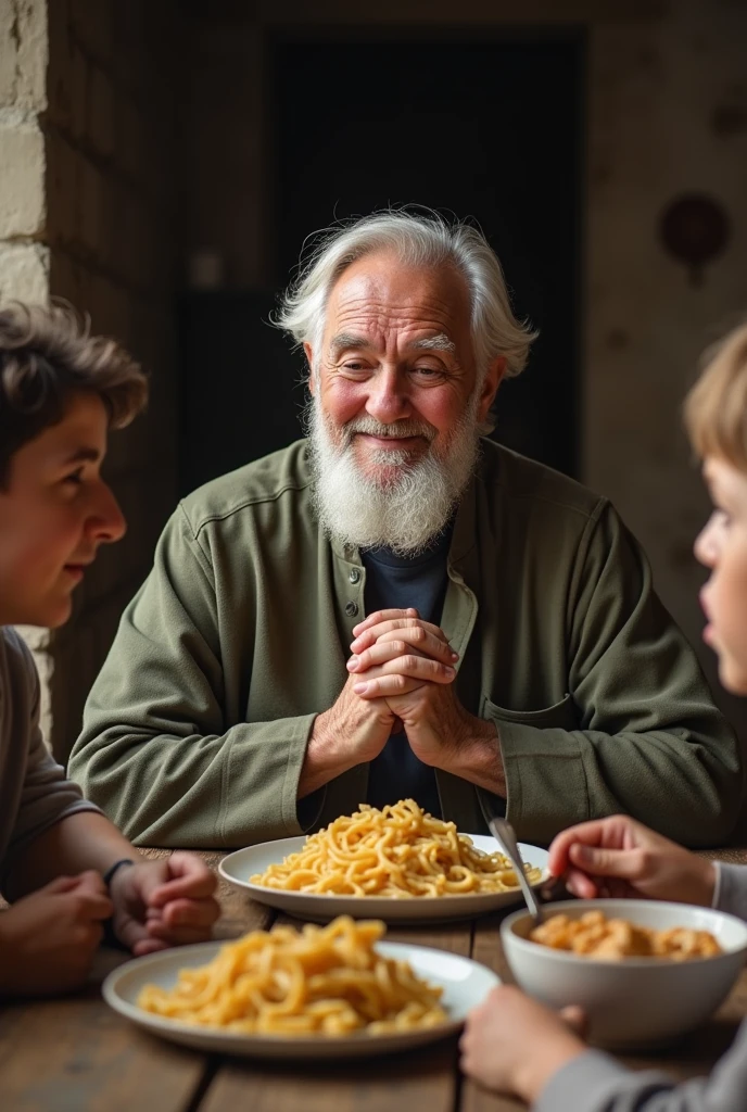 God provides a servant an elderly pastor with his hands folded in thanksgiving with his spousal family and a small son who are very poor. pasta with chicken for Sunday lunch , since at home he had nothing to eat, Someone take a photo of 16 to your humble home.9