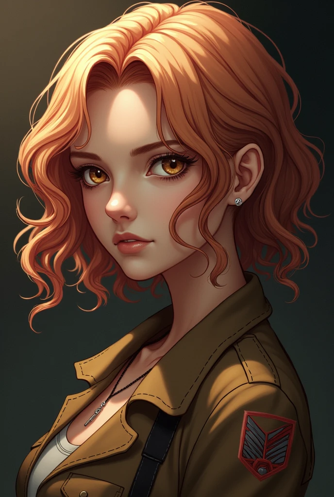 A thin woman, with strawberry blonde hair. She has amber eyes, a nose and a thin mouth. Her hair is in wavy swavy curls. She is to appear in the style of the shingeki no kyiojin season 3 anime.