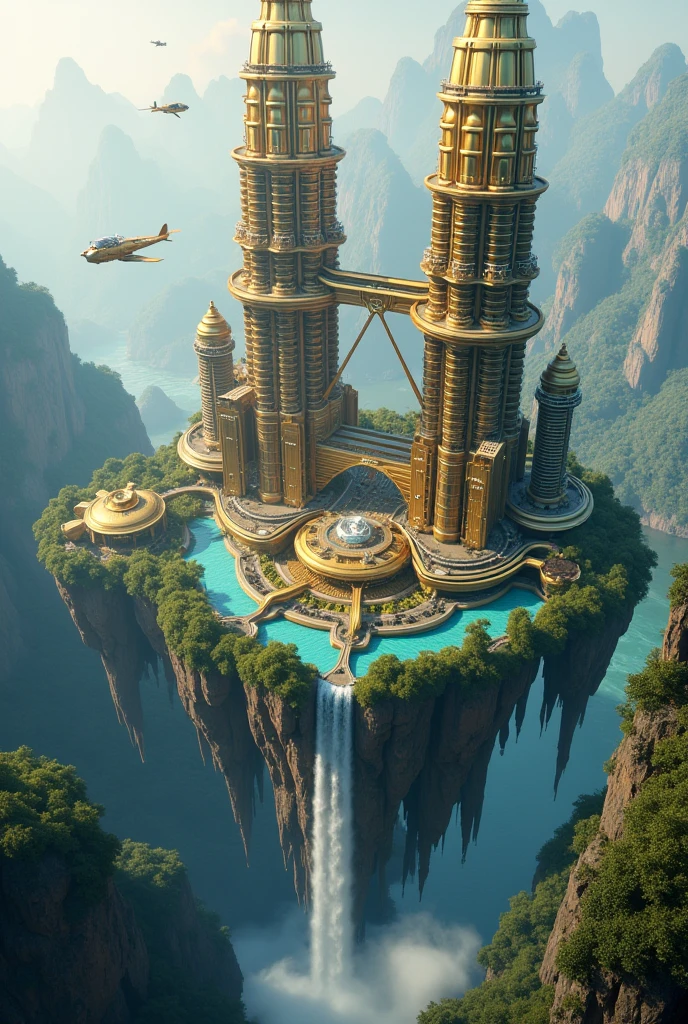 floating futuristic city, there are twin towers of Kuala Lumpur on the floating island, there is a river and a waterfall on the island, the water is falling down, below there is a thick forest and a river, many futuristic epic scifi vehicles are flying towards the city from various directions, gold polished, whimsical, epic scifi city outside the multiverse, top view