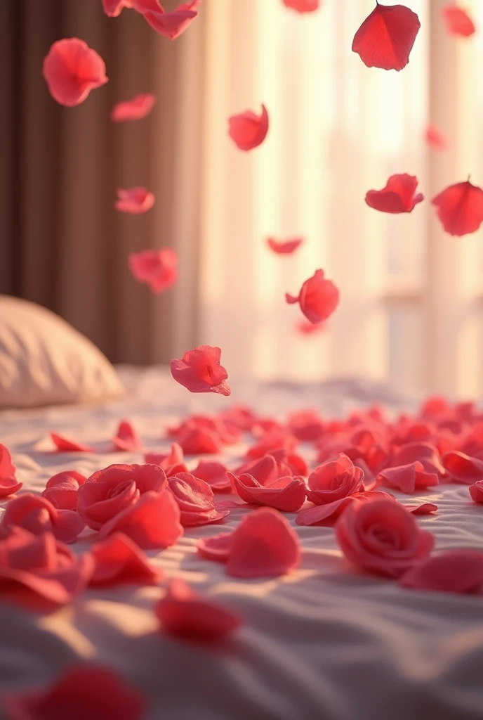 Create an image of only rose petals above the bed, romantic atmosphere