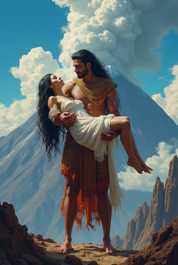 Human body of Popocatépetl thin and iztlaciguatl carrying her on his arms and her dead in a volcanic background with blue sky
