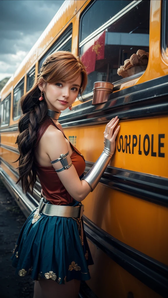masutepiece, Best Quality, DQ Bianca, Single braid, earrings, Choker, Orange Cape, Green dress, Belt bag, Looking at Viewer, Large breasts, hands to hips, long boots, Smirk, Open mouth, furrowed brow, Smile, skyporn, Clouds, fields