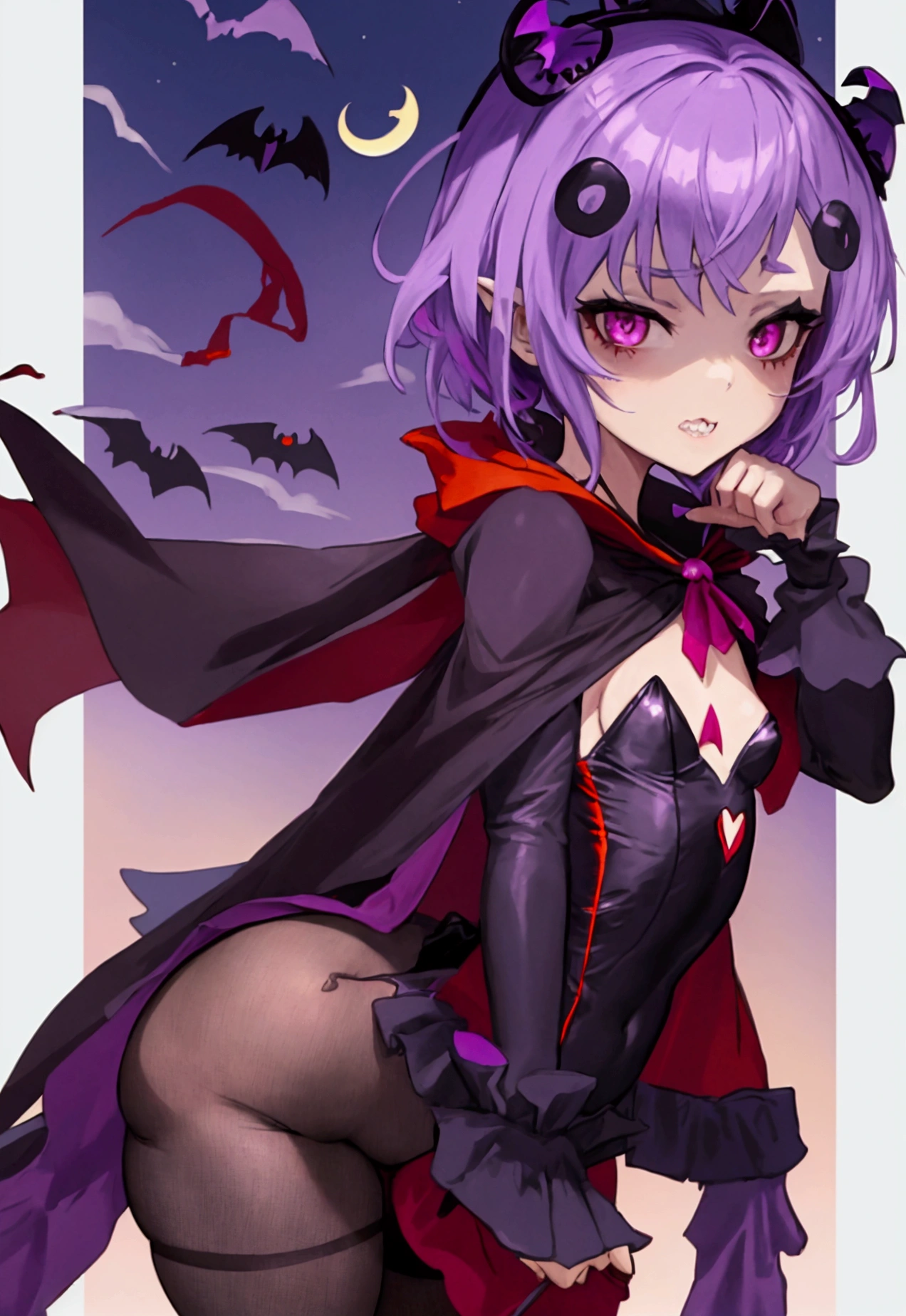 Halloween, Halloween theme, night, short hair, purple hair, pink eyes, flat cheast, flat tits, pointy teeth, trick or treating, small stature, red vampire suit, pantyhose, show butt, view from behind, red cape, (pantyhose pulling), 1 girl, one girl 