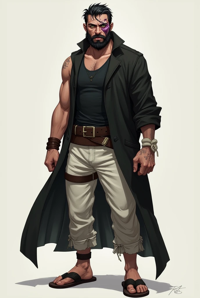 Tabletop RPG style, I want a 2 man 1,67 tall for a tabletop RPG, medium beard, short black hair with white highlights, one green eye and one dark purple, I want him wearing a black tank top and white pants and sandals, I want it to be defined but without too much muscle, I want a 1 claw scar in the middle of his face diagonally, I also want him with his left arm cut off and a scar from the torn off arm, I want him to wear a big black lab coat with the left sleeve tied in the middle