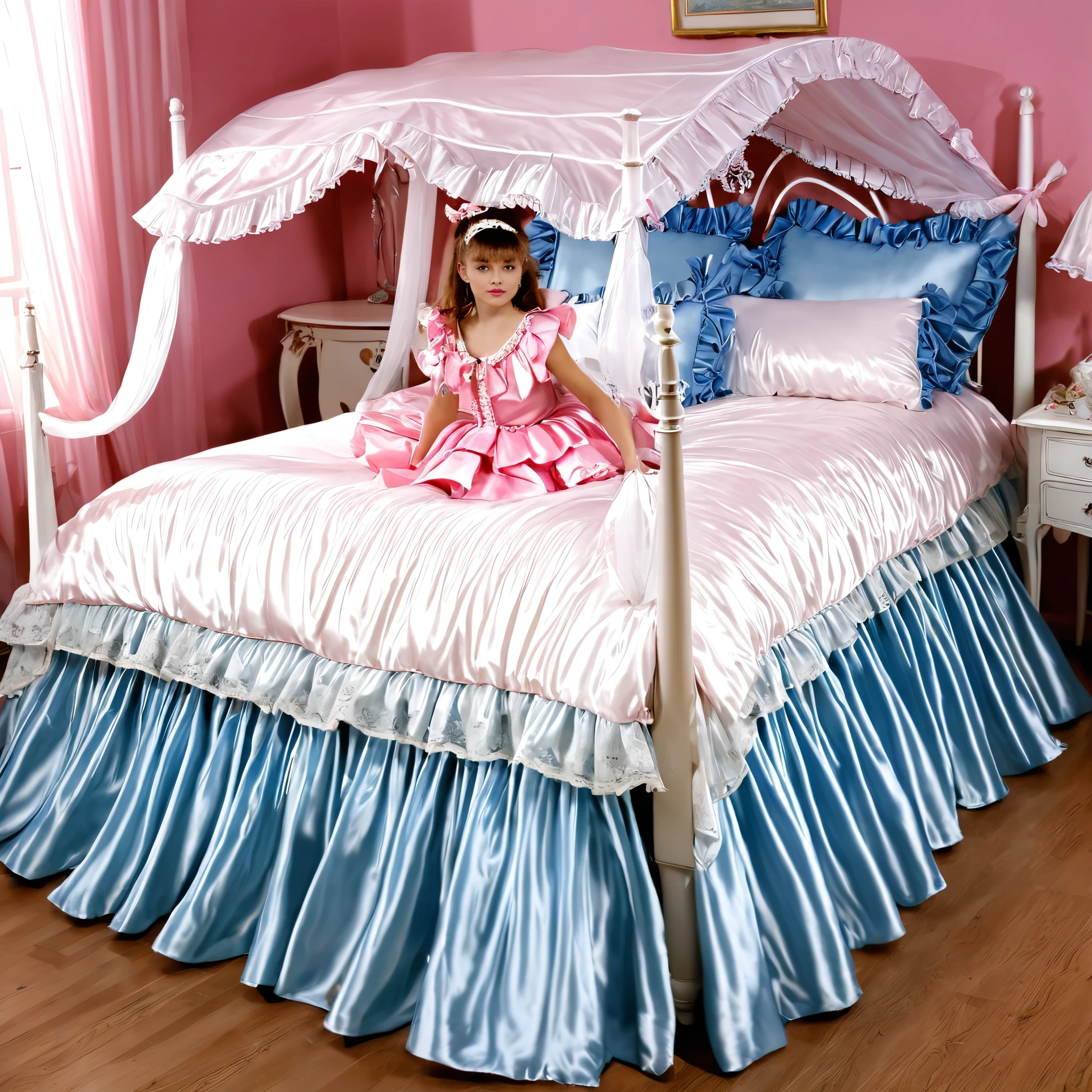 Beautifull 1girl on the bed,early teenage,detailed baby face,small face,a pink silk satin frilled blouse and skirt,medium dress,detailed ribbons,detailed lace petticoat,frilled sleeves,,a bed with a mountain of silk satin pillows,canopy bed,king size bed,more big bed,lot of silk satin frilled pillows,more pillows, A plump qulited silk satin soft devet,devet decorated ribbons, ruffles lace silk.retro white pipe bed frame, realistic, blue eyes, rolled long blond hear,