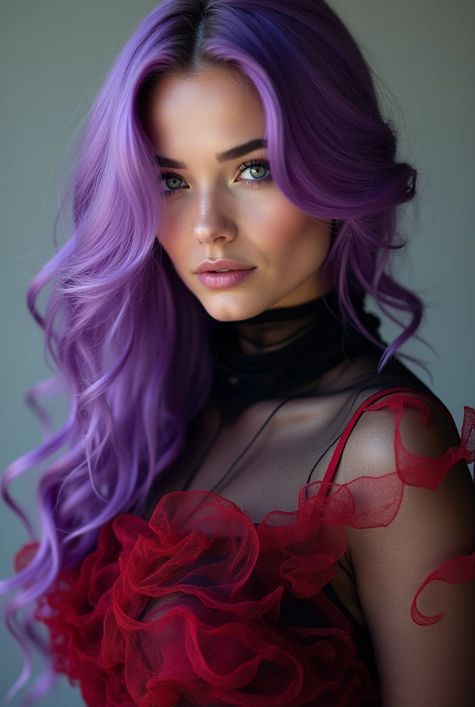 american purple hair butterfly woman and red purple and black transparent dress perfect and full body bottom show transparent clothing