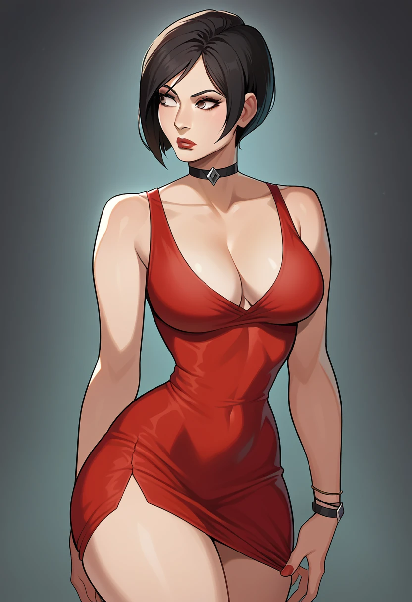 score_9, score_7_up 1girl, solo, ada wong, long hair, red dress, cleavage, taut clothes, breasts, curvy, thighs, black background, black choker, looking to the side