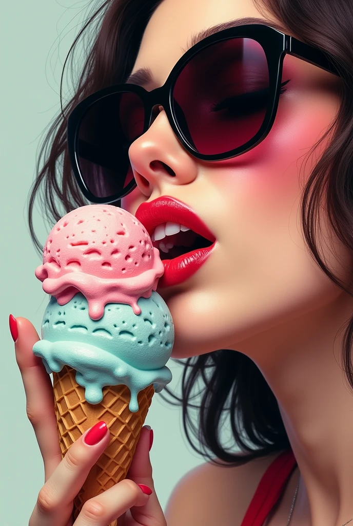 Sexy woman mouth licking ice cream ball. Ice cream runs down the corners of the mouth. focus on mouth. View from the side. Abstract Style Add Sunglasses