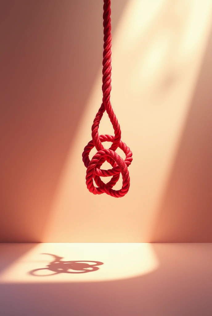 Generate a picture of shadow of a knot of two red threads tied together with a little bit of sunlight in full screen 
