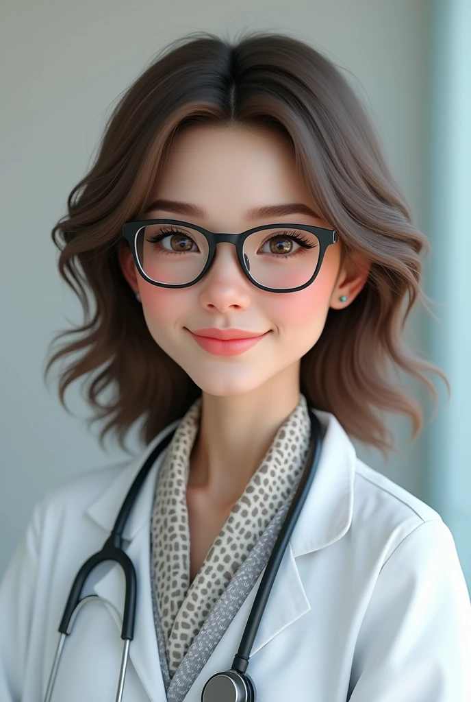 (photorealism:1.2) White female doctor with brown hair and brown eyes with glasses