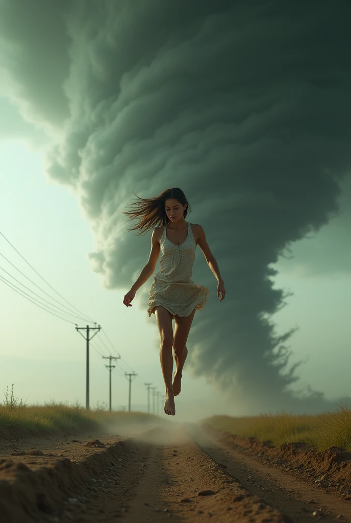 Sexy girl from Kansas being thrown through the air by a massive tornado