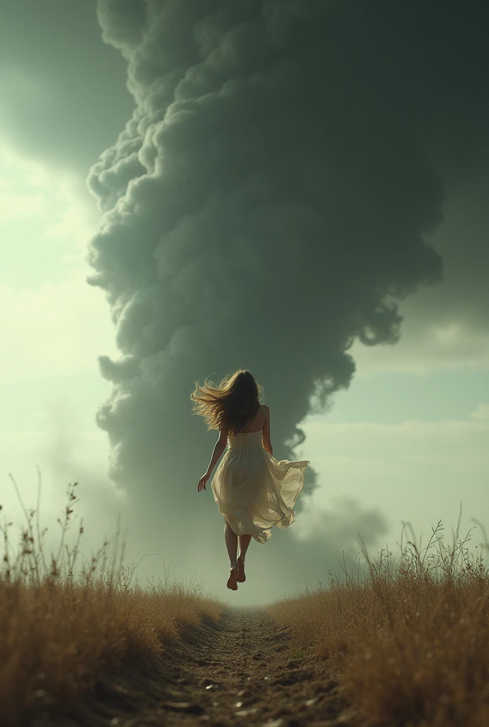 Sexy girl from Kansas being thrown through the air by a massive tornado