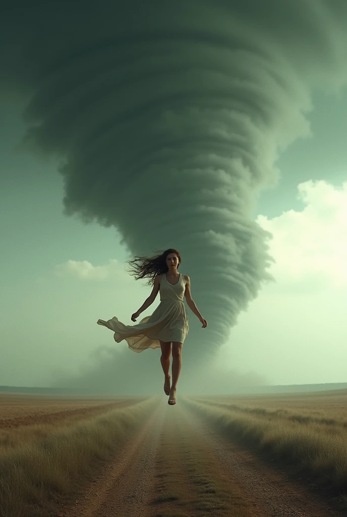 Sexy girl from Kansas being thrown through the air by a massive tornado