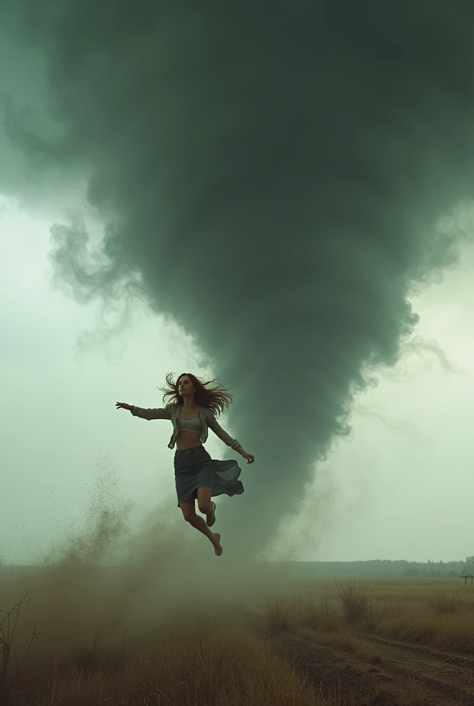 Sexy girl from Kansas being thrown through the air by a massive tornado
