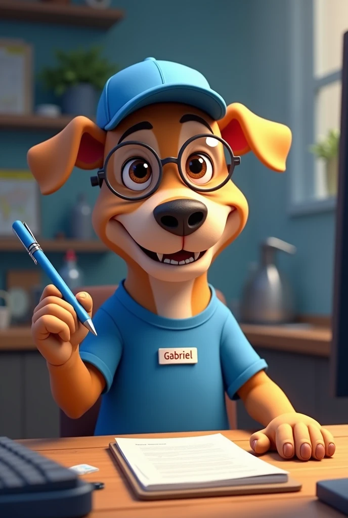 Light brown pitbull dog, Light brown eyes, transparent spectacles, blue cap, shirt blue, badge with name Gabriel, using computer, blue pen in the other hand. Tools in the background, 4K, Disney style.