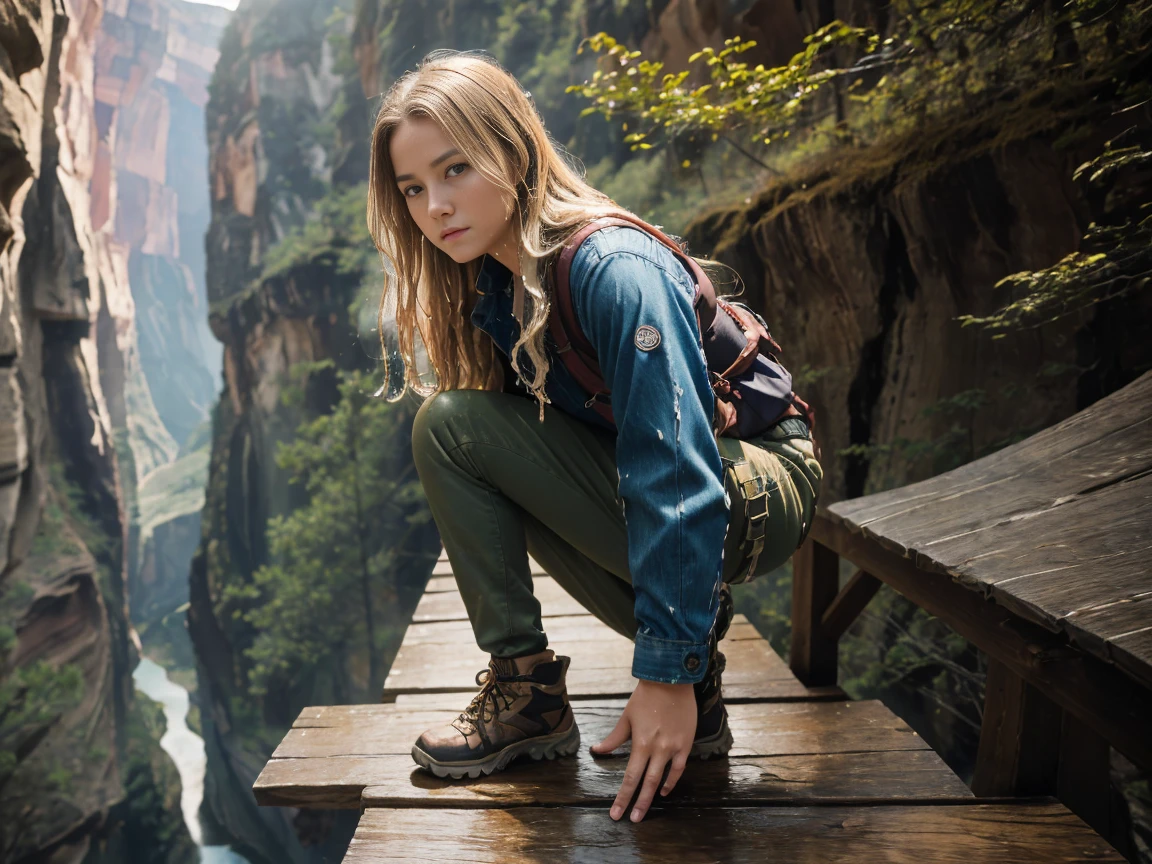 full shot, 1 girl, age16, Solo, Long hair, Looking at viewer, (blonde hair), (((crouching slightly on a narrow wood plank bridge high above a canyon))), (((her pants are wet in the crotch where she has peed in them))), wood plank bridge crossing canyon,  Brown eyes,  Full body portrait, Realistic, wearing hiking gear, hiking boots, confident expression, determined, dramatic, ultra-high res.photorealistic:.1.4, (high detailed skin:1.2), 8k uhd, dslr, high quality, film grain, Fujifilm XT3