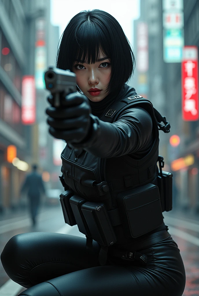 (masterpiece, Distinguished Quality, Mirror-like, Cinematic Experience, insanely detailed, absurdres), 8k,wallpaper, ,(Best illustrations:2.0),(One Woman:2.0), Asian Girl, (Motoko Kusanagi:2.0),(Ghost in the Shell-style worldview:2.0),(Black tactical bodysuit:2.0),(Heavy black bulletproof vest:2.0),(Black gloves:2.0),(Short Bob:2.0),(Beautiful Eyes),(Detailed face),(Detailed female hand drawing:2.0),(sexy:2.0),(He kneels down and aims a pistol at me.:2.0),(Raise your right knee:2.0),(The background is Tokyo, where science and technology have developed.:2.0),(Drawing in monochrome:2.0),(sf:2.0),(A pistol with a laser pointer under the muzzle:2.0),(Point the red laser pointer on your pistol at me:2.0)