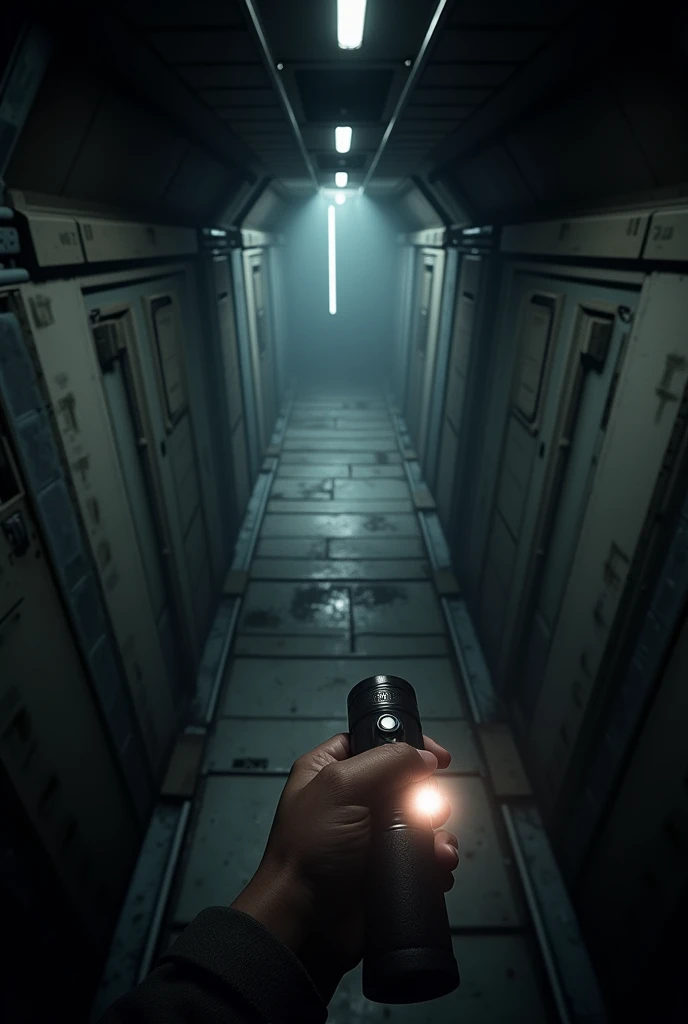Spaceship internal view, FIRST PERSON PERSPECTIVE CREWMAN, only one arm appears holding a flashlight, corridor with two paths