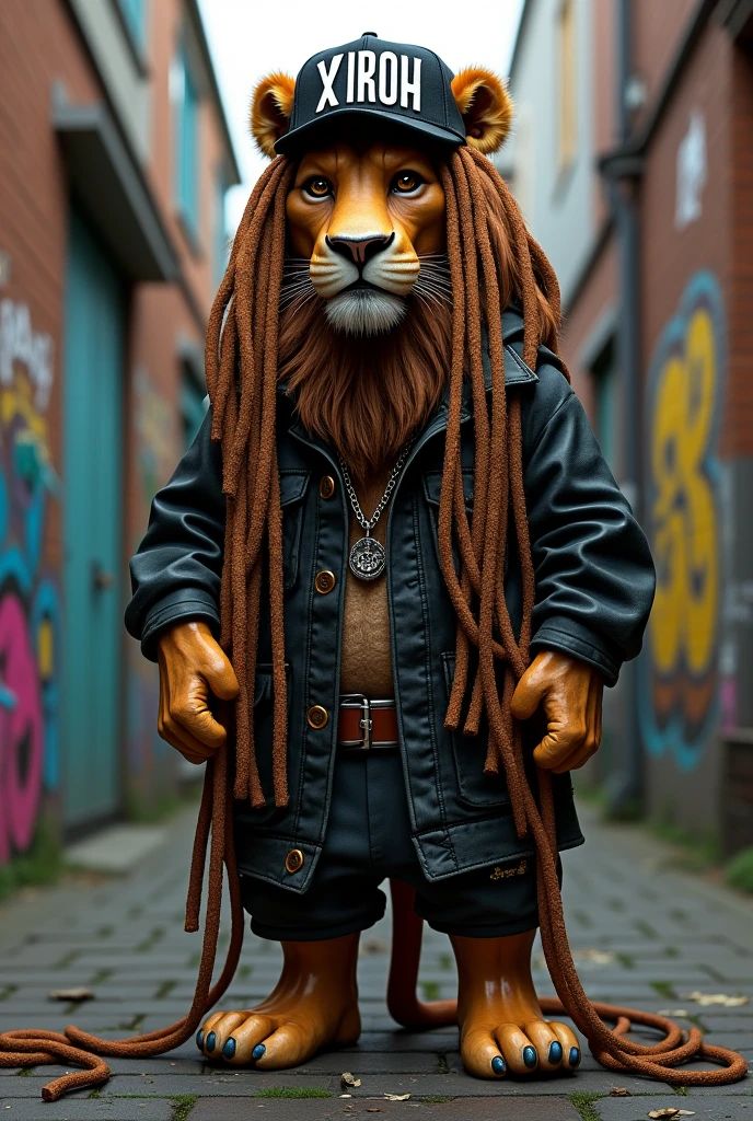 lion with long dreadlocks and goatee with cap where it is written with XiroH text graffiti style with street wear clothes 4k realistic unreal engine 5 detailed maximum resolution