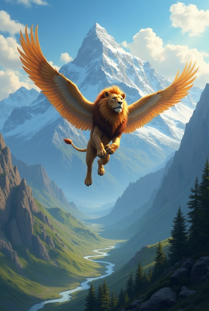 Lion flying over a mountain