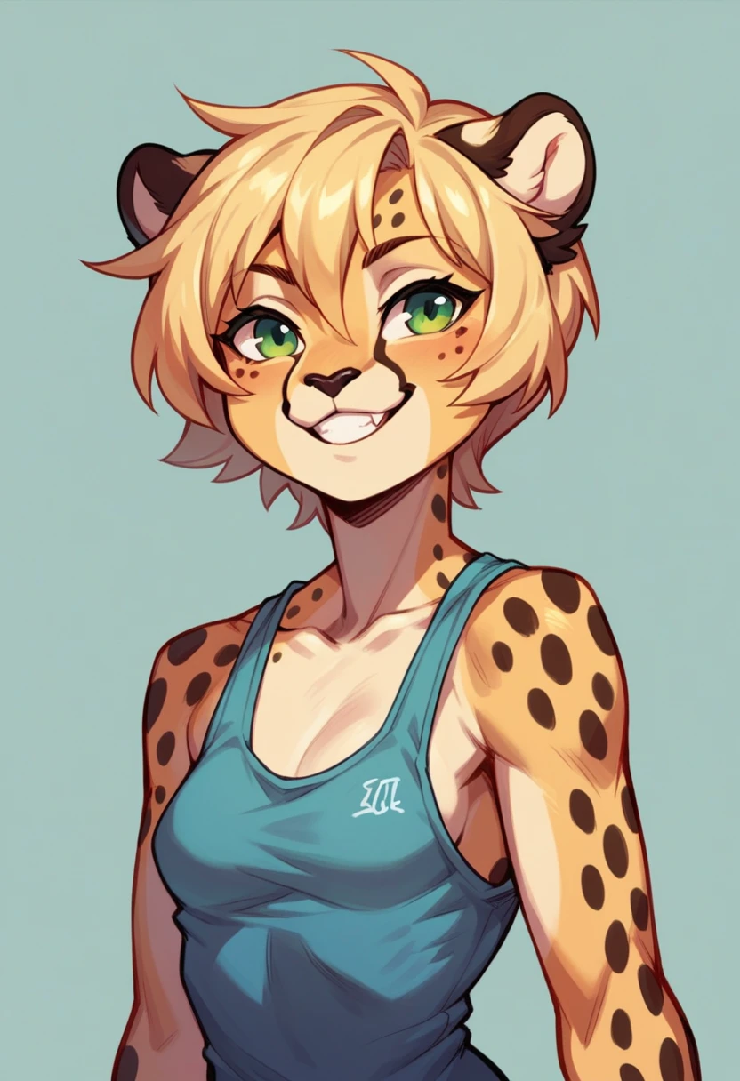 Anthropomorphic, cheetah woman, short chic blonde hair, green eyes, hourglass, small breasts, tank top, portrait, smile