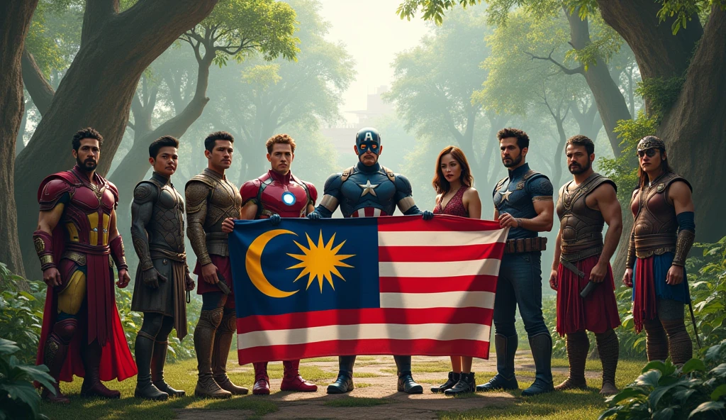 Avengers team and Malay and Borneo warriors standing in the middle of the field holding the Malaysian flag surrounded by beautiful and peaceful forest and building scenery