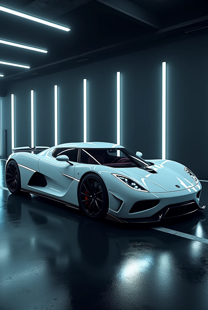 There is a white koenigsegg and white Mercedes-benz G-wagen with white neon lights in black garage.