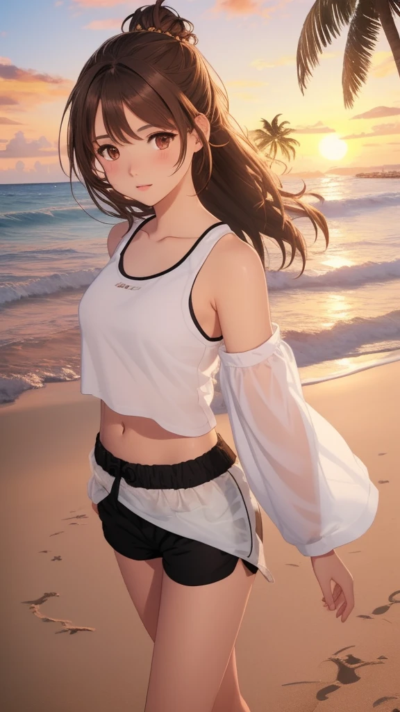 1girl, brown hair, brown eyes, hair up, crescent hair ornament, small breasts, bare shoulders, white t-shirt, sleeves, black shorts, walking on the beach, waves, palm trees, clouds, sunset, twilight 