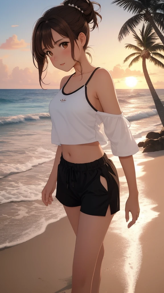 1girl, brown hair, brown eyes, hair up, crescent hair ornament, small breasts, bare shoulders, white t-shirt, sleeves, black shorts, walking on the beach, waves, palm trees, clouds, sunset, twilight 
