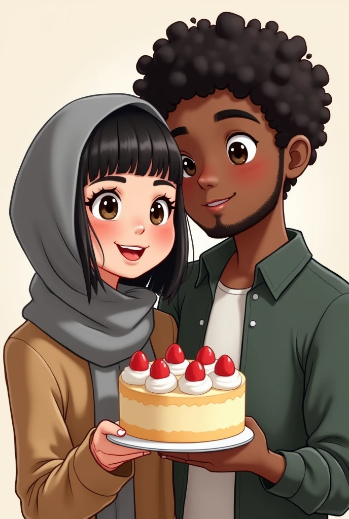 drawing of a cake, with a young couple with a slight smile where the woman is white with straight black hair and the man is black with curly black hair, as if it were a cartoon, the boy can't have a beard and the girl wearing grey hijab. the drawing has to be animated but a little realistic, the couple has to be leaning against each other and holding the cake smiling, nothing too childish. the couple has to look like they are . the boy's hair is curly and defined, while the girl has bangs with happy facial expressions but not too much, just a slight smile