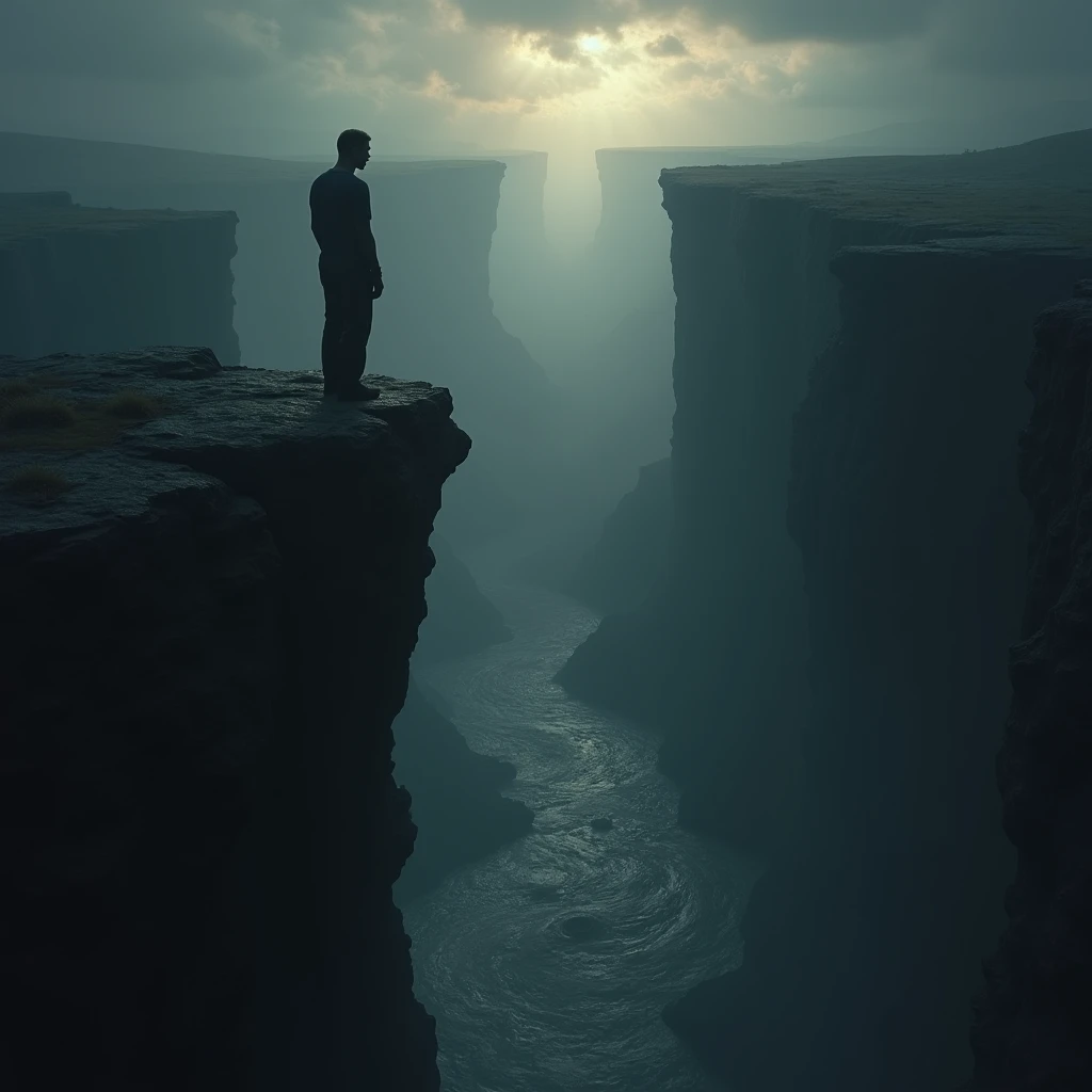 A person standing at the edge of a cliff, about to leap into a swirling vortex of darkness. The person's eyes are closed, their expression one of peace and serenity. They take the leap, symbolizing their willingness to sacrifice everything for the sake of the gospel