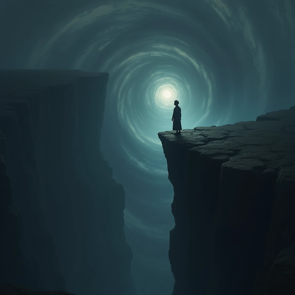 A person standing at the edge of a cliff, about to leap into a swirling vortex of darkness. The person's eyes are closed, their expression one of peace and serenity. They take the leap, symbolizing their willingness to sacrifice everything for the sake of the gospel