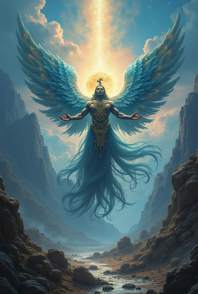 a murugan photo in set up on the peacock and mountain view in god's war is going on the down to see a war in the up and dramatic colours shades an sun glowing an sic fiction