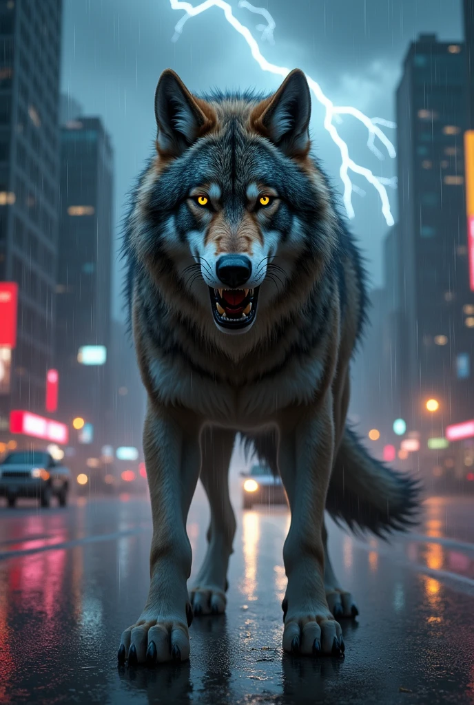 A wolf in city and stand up on the road and scary blood and rain and lighting very much and looking dangerous