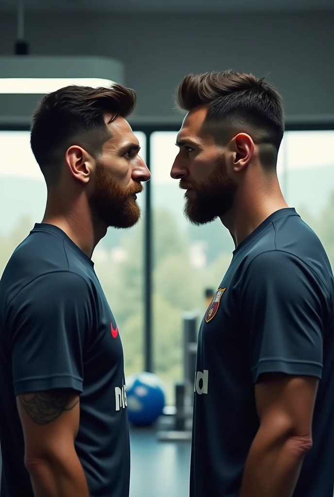 Messi teaches Messi the gym.trere face is in front of camera 