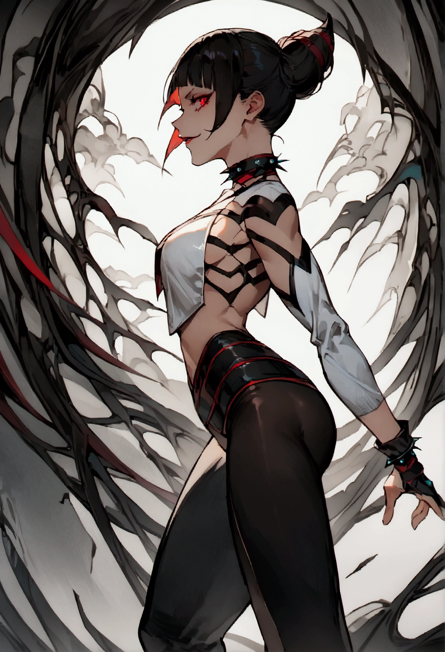 fully body,standing,alone,short hair,work of art,face detailed,young fitness linda,Wearing black pantyhose,tight white sweater with collar ,neckleace,evil smile,red eyes glowing,labiaa,eye shadow,bangs on the eyes,black gloves,from sideways,perfil from sideways
