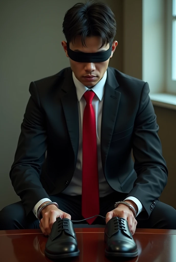 Malaysia malay handsome 19 years steward
His hand got handcuff
Blindfolded
Black Suit and Red tie
feet on desk
Leather shoes take off
5 toes each feet 
Black Sock
