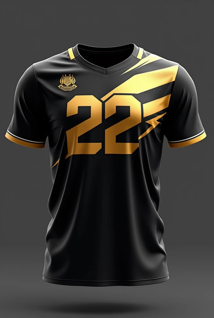 A high school Olympics sports jersey in a minimalist design. The main color is black, featuring bold, geometric golden accents that form abstract patterns across the chest. The player number is prominently displayed in the center in a metallic gold finish. The school's emblem is subtly placed on the left chest, also in gold. The sleeves have a thin golden stripe along the edges, adding a refined touch. The overall design should be sleek, modern, and futuristic.