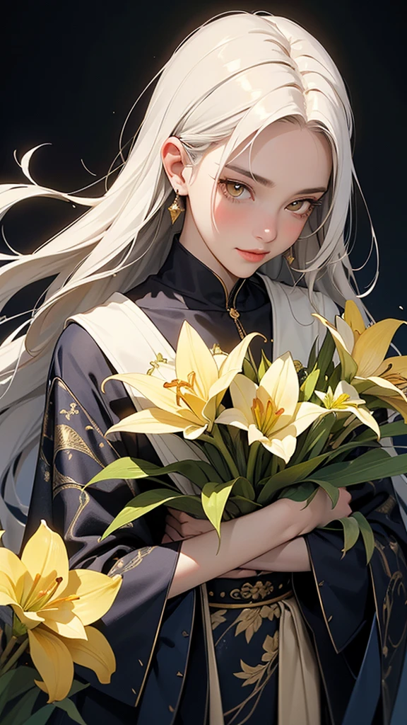 1 Woman (High Resolution, Masterpiece, Accurate, Anatomically Correct, Portrait Style, Composition from Above, Close-up of Face), A serene young woman with bright yellow eyes, wearing a black hooded cloak with intricate gold patterns. She is holding a bouquet of yellow lilies with a gentle smile. Her long, white hair flows gracefully over her shoulders, contrasting with the dark fabric. The background features a deep blue and gold pattern, highlighting her mystical appearance. Her hands are delicately clasped around the flowers, and her pose is calm and composed, exuding a sense of quiet strength and elegance、Top Quality, Ultra High Resolution, High Quality Model