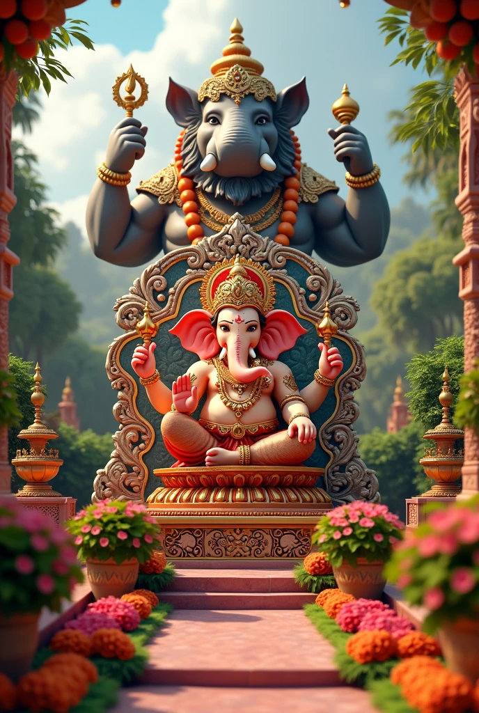 Ganpati decoration with varah avatar of vishnu in background