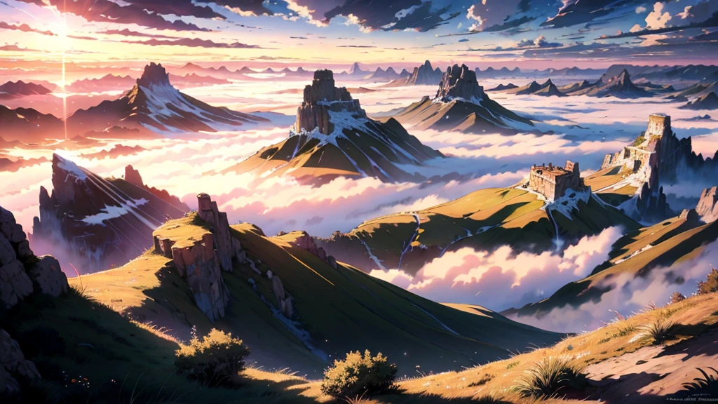 ridiculous resolution, high resolution, (masterpiece:1.4), super detailed, expansive landscape photograph, (A view from bottom), fields, (no building or architecture), (just sky), Twillight skies, clouds, flare, floating, anime background, --v 6