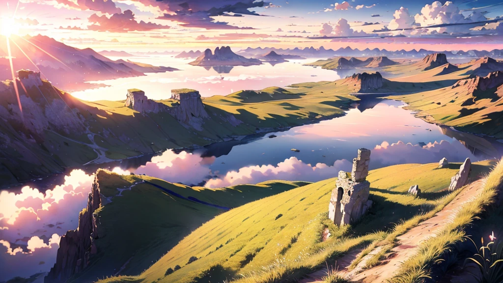 ridiculous resolution, high resolution, (masterpiece:1.4), super detailed, expansive landscape photograph, (A view from bottom), fields, (no building or architecture), (just sky), Twillight skies, clouds, flare, floating, anime background, --v 6