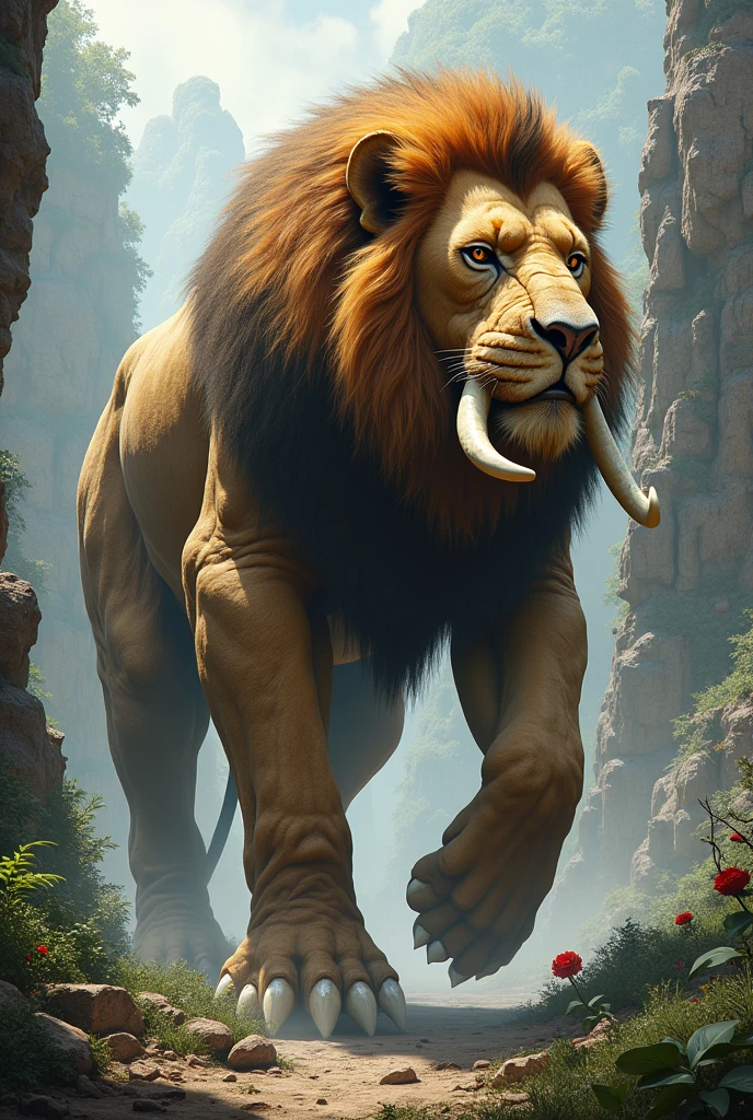 "Create a powerful hybrid of a lion and an elephant in a wild, natural setting. The creature should combine the majesty of a lion with the massive form of an elephant, highlighting its strength and dominance. The environment should be rugged and untamed, amplifying the creature's imposing presence."