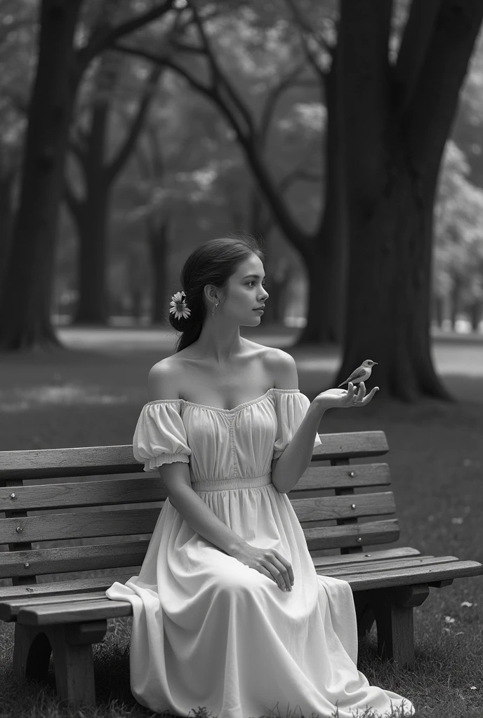 black and white photo. A white woman, sitting on a wooden bench in a park with lots of trees. The woman wears a dress and holds a small flower in her right hand.. A small bird is on the bench with her.