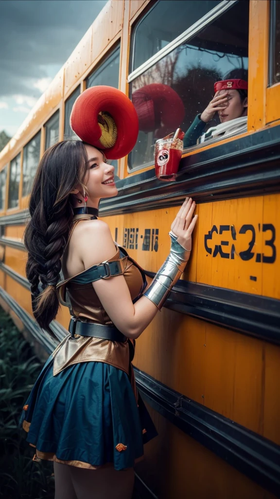 masutepiece, Best Quality, DQ Bianca, Single braid, earrings, Choker, Orange Cape, Green dress, Belt bag, Large breasts, hands to hips, long boots, Smirk, Open mouth, furrowed brow, Smile, skyporn, Clouds, fields