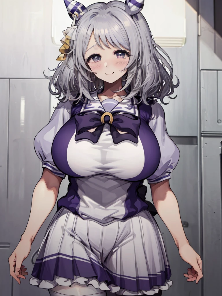 (((masterpiece))), ((Highest quality)), 1 person, One Woman, alone,Glowing Skin,(Bust Shot),(Motsuaki), hishi miracle, horse ears, hair ornament, horse tail, tracen school uniform, purple shirt, puffy short sleeves, white skirt, white thighhighs, Gray Hair,(Detailed Eyes),Eye highlights, ((((Very large breasts)))),Narrow waist,smile、((blush)),