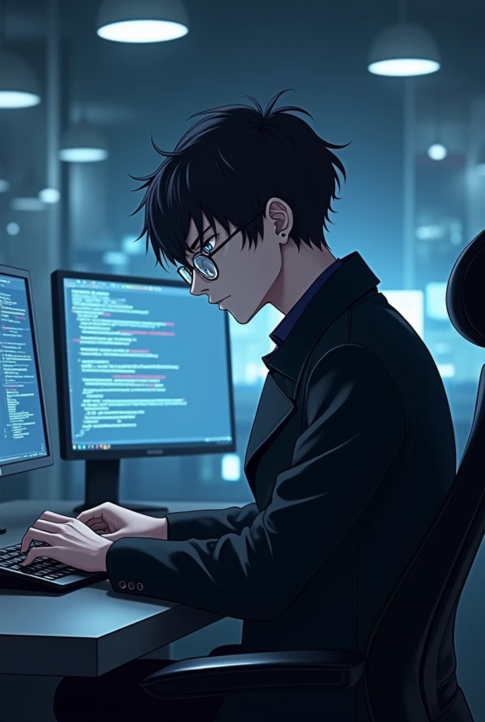 Anime guy is a programmer, wearing a black coat and glasses.