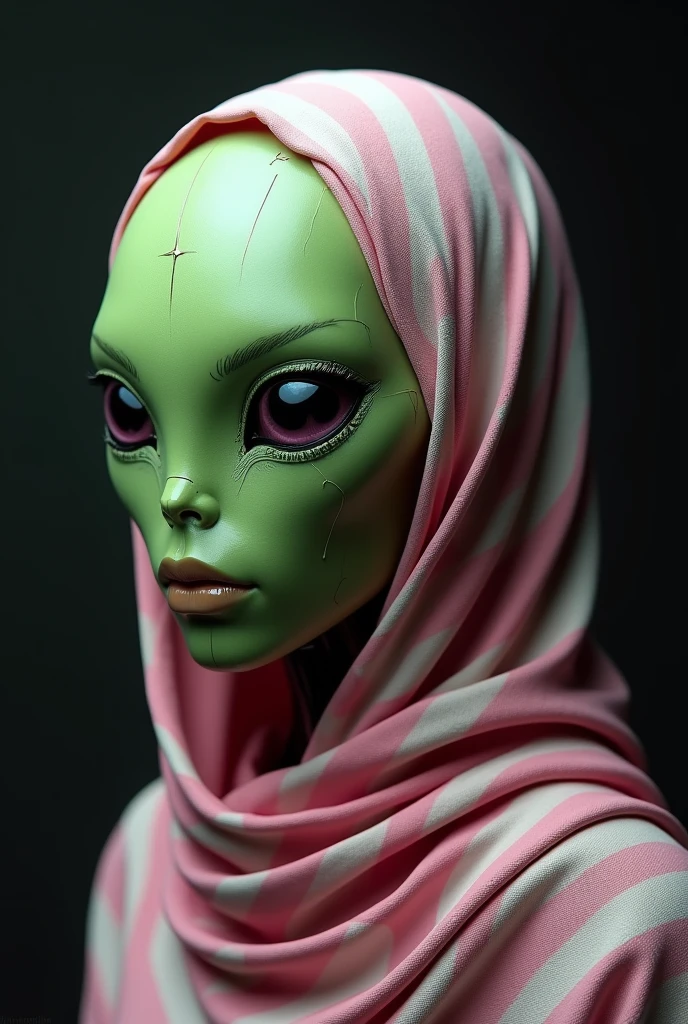 A highly detailed. Wear pink white stripe hijab. , photorealistic portrait of an alien humanoid with a green face, no nose, a square jawline, a cube-shaped head, and a square robot face, wearing a black spacesuit, ((best quality,4k,8k,highres,masterpiece:1.2),ultra-detailed,(realistic,photorealistic,photo-realistic:1.37)),sci-fi,concept art,hyperrealistic,intricate,complex,highly detailed features,chiaroscuro lighting,dramatic lighting,moody lighting,cinematic atmosphere,surreal,digital painting