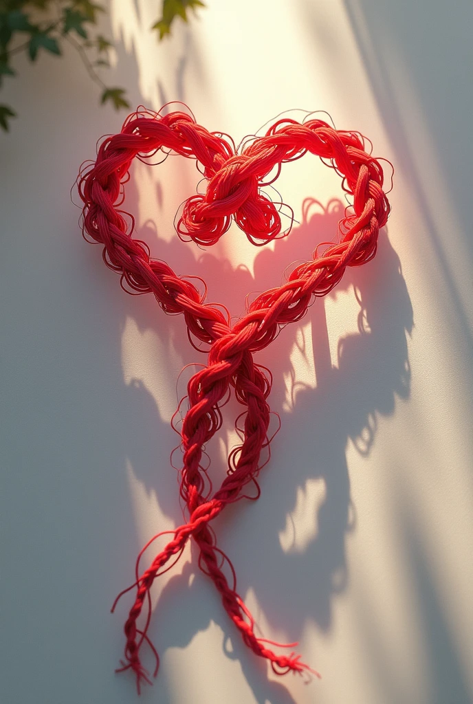Generate a picture of shadow of a knot of two red threads either side of the screen tied together with a little bit of sunlight in full screen