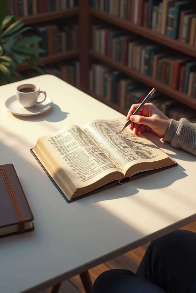 Open bible centered on white desk with hand holding a pencil and notebook next to it, in a library, study attitude, semi-aerial view, without coffee and without ring